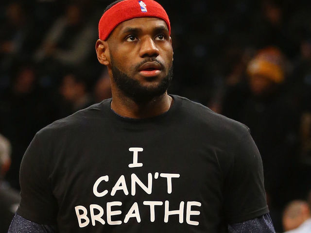 NEW YORK, NY - DECEMBER 08: LeBron James #23 of the Cleveland Cavaliers wears an "I Can't Breathe" shirt during warmups before his game against the Brooklyn Nets during their game at the Barclays Center on December 8, 2014 in New York City.