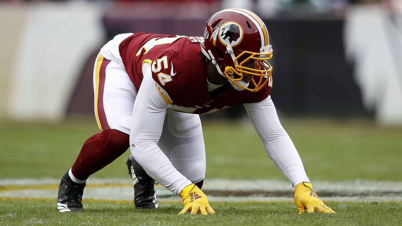 LANDOVER, MD - NOVEMBER 17: Noah Spence #54 of the Washington Redskins lines up against the New York Jets during the first half at FedExField on November 17, 2019 in Landover, Maryland.