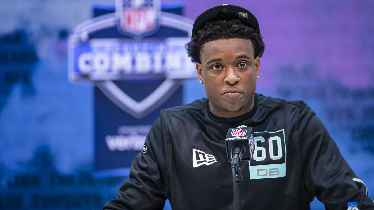 INDIANAPOLIS, IN - FEBRUARY 28: K'Von Wallace #DB60 of the Clemson Tigers speaks to the media on day four of the NFL Combine at Lucas Oil Stadium on February 28, 2020 in Indianapolis, Indiana.