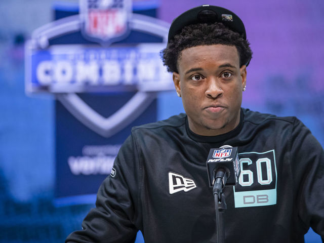 INDIANAPOLIS, IN - FEBRUARY 28: K'Von Wallace #DB60 of the Clemson Tigers speaks to the media on day four of the NFL Combine at Lucas Oil Stadium on February 28, 2020 in Indianapolis, Indiana.