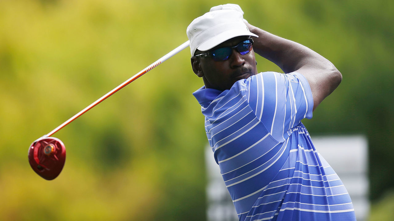 NORTH LAS VEGAS, NV - APRIL 07: NBA legend Michael Jordan hits a tee shot during the final round of ARIA Resort & Casino's Michael Jordan Celebrtiy Invitational golf tournament at Shadow Creek on April 7, 2013 in North Las Vegas, Nevada.