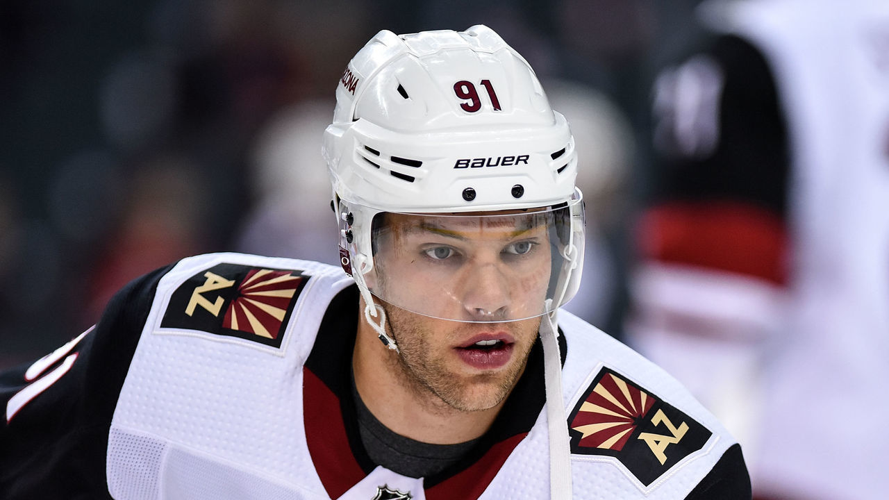 CALGARY, AB - MARCH 06: Arizona Coyotes Left Wing Taylor Hall (91) warms up before an NHL game where the Calgary Flames hosted the Arizona Coyotes on March 6, 2020, at the Scotiabank Saddledome in Calgary, AB.