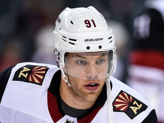 CALGARY, AB - MARCH 06: Arizona Coyotes Left Wing Taylor Hall (91) warms up before an NHL game where the Calgary Flames hosted the Arizona Coyotes on March 6, 2020, at the Scotiabank Saddledome in Calgary, AB.