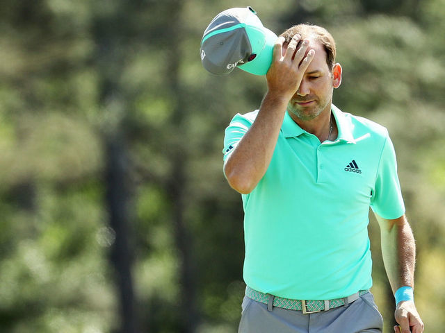 AUGUSTA, GA - APRIL 05: Sergio Garcia of Spain tips his cap on the 18th green during the first round of the 2018 Masters Tournament at Augusta National Golf Club on April 5, 2018 in Augusta, Georgia.