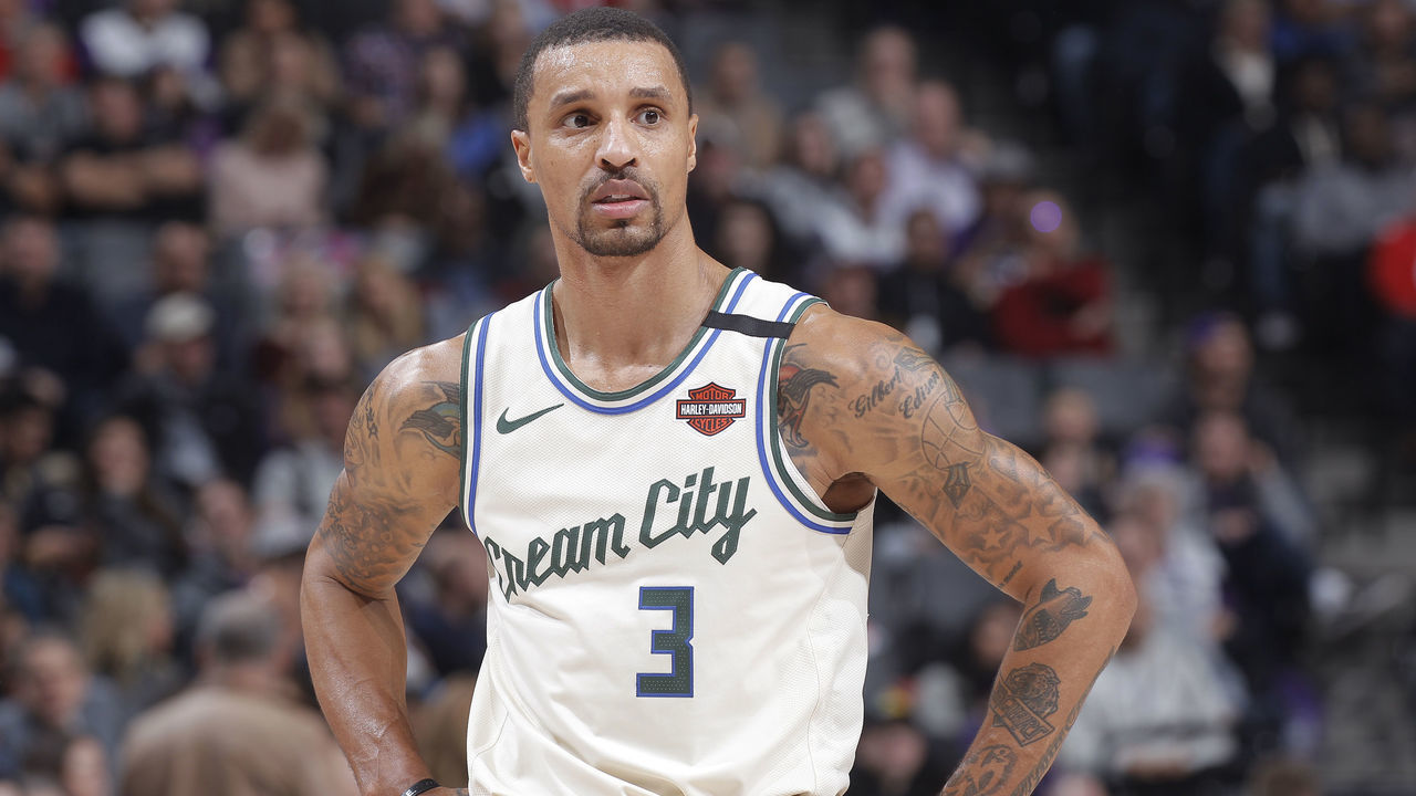 SACRAMENTO, CA - JANUARY 10: George Hill #3 of the Milwaukee Bucks looks on during the game against the Sacramento Kings on January 10, 2020 at Golden 1 Center in Sacramento, California. NOTE TO USER: User expressly acknowledges and agrees that, by downloading and or using this photograph, User is consenting to the terms and conditions of the Getty Images Agreement. Mandatory Copyright Notice: Copyright 2020 NBAE