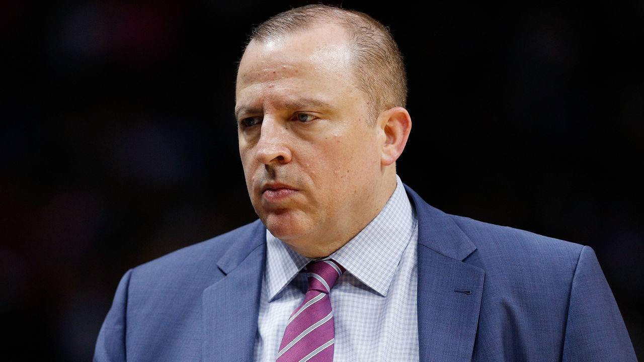MIAMI, FL - DECEMBER 30: Head coach Tom Thibodeau of the Minnesota Timberwolves looks on against the Miami Heat at American Airlines Arena on December 30, 2018 in Miami, Florida.