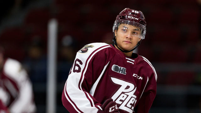 OTTAWA, ON - SEPTEMBER 29: Peterborough Petes left wing Nick Robertson (16) during warm-up before Ontario Hockey League action between the Peterborough Petes and Ottawa 67's on September 29, 2019, at TD Place Arena in Ottawa, ON, Canada.