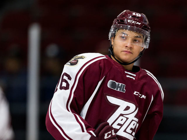 OTTAWA, ON - SEPTEMBER 29: Peterborough Petes left wing Nick Robertson (16) during warm-up before Ontario Hockey League action between the Peterborough Petes and Ottawa 67's on September 29, 2019, at TD Place Arena in Ottawa, ON, Canada.