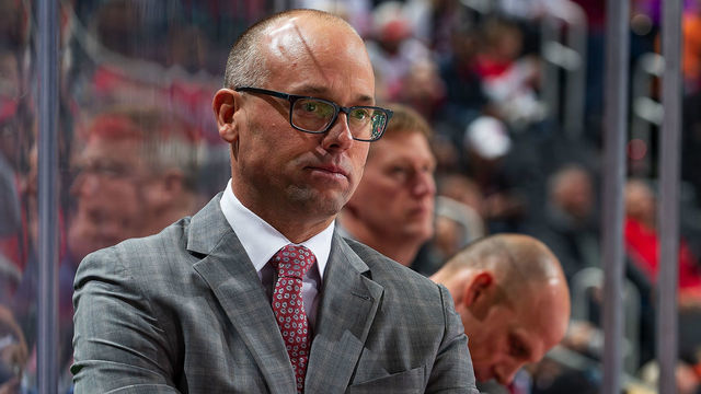 DETROIT, MI - OCTOBER 08: Head coach Jeff Blashill of the Detroit Red Wings watches the action from the bench against the Anaheim Ducks during an NHL game at Little Caesars Arena on October 8, 2019 in Detroit, Michigan. Anaheim defeated Detroit 3-1.