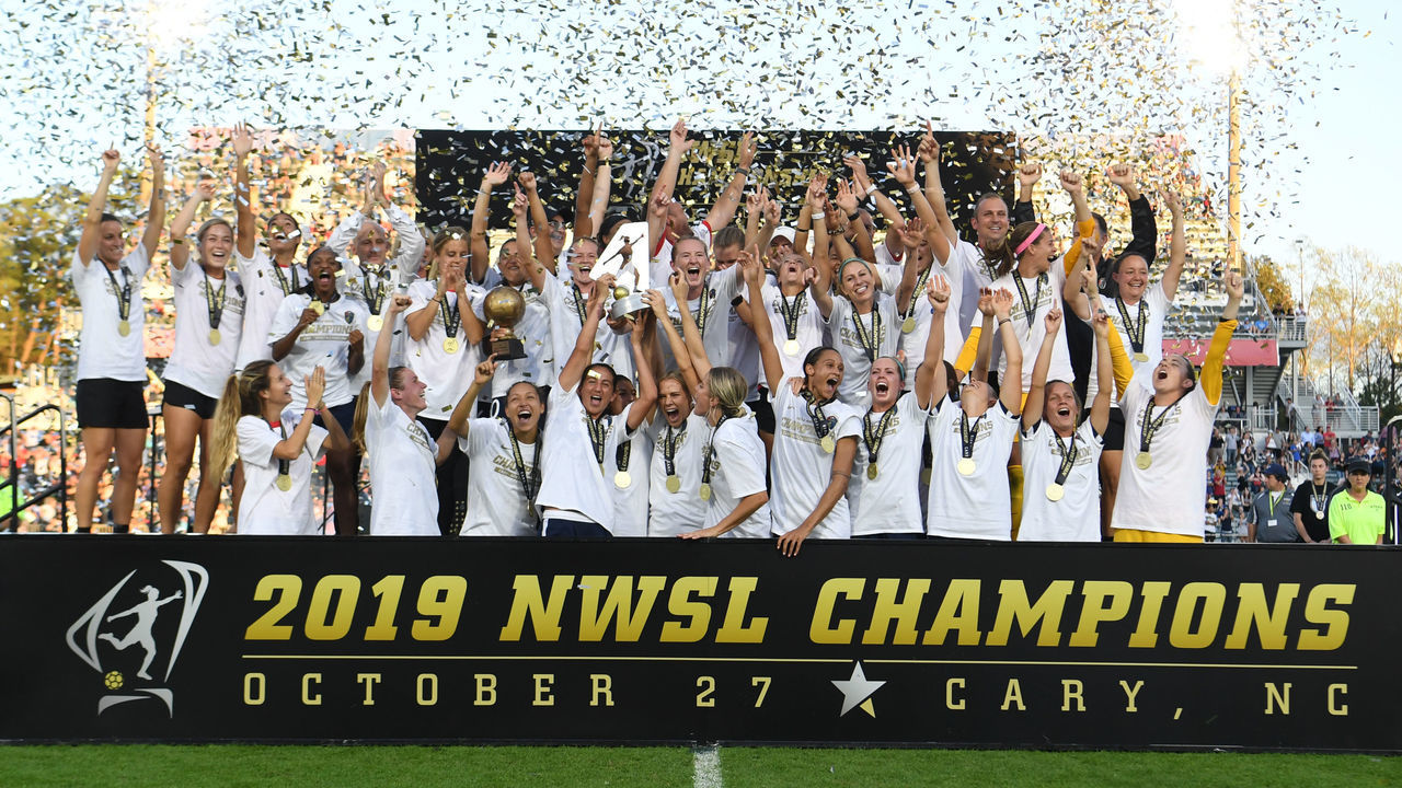 CARY, NC - OCTOBER 27: North Carolina Courage celebrate their championship after a game between Chicago Red Stars and North Carolina Courage at Sahlen's Stadium at WakeMed Soccer Park on October 27, 2019 in Cary, North Carolina. The North Carolina Courage defeated the Chicago Red Stars 4-0 to win the 2019 NWSL Championship. .