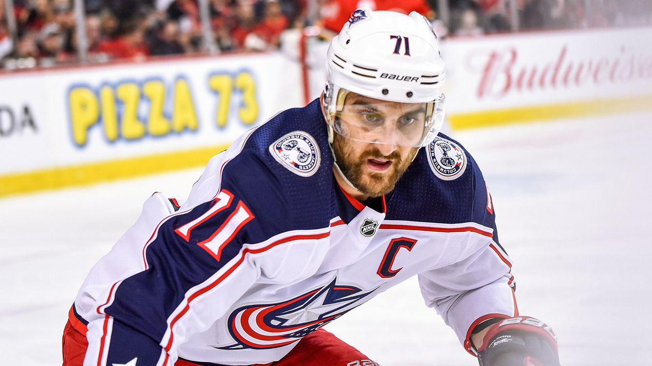 CALGARY, AB - MARCH 04: Columbus Blue Jackets Winger Nick Foligno (71) skates during the first period of an NHL game where the Calgary Flames hosted the Columbus Blue Jackets on March 4, 2020, at the Scotiabank Saddledome in Calgary, AB.