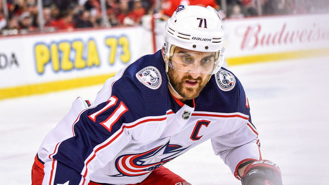 CALGARY, AB - MARCH 04: Columbus Blue Jackets Winger Nick Foligno (71) skates during the first period of an NHL game where the Calgary Flames hosted the Columbus Blue Jackets on March 4, 2020, at the Scotiabank Saddledome in Calgary, AB.