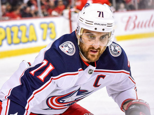 CALGARY, AB - MARCH 04: Columbus Blue Jackets Winger Nick Foligno (71) skates during the first period of an NHL game where the Calgary Flames hosted the Columbus Blue Jackets on March 4, 2020, at the Scotiabank Saddledome in Calgary, AB.
