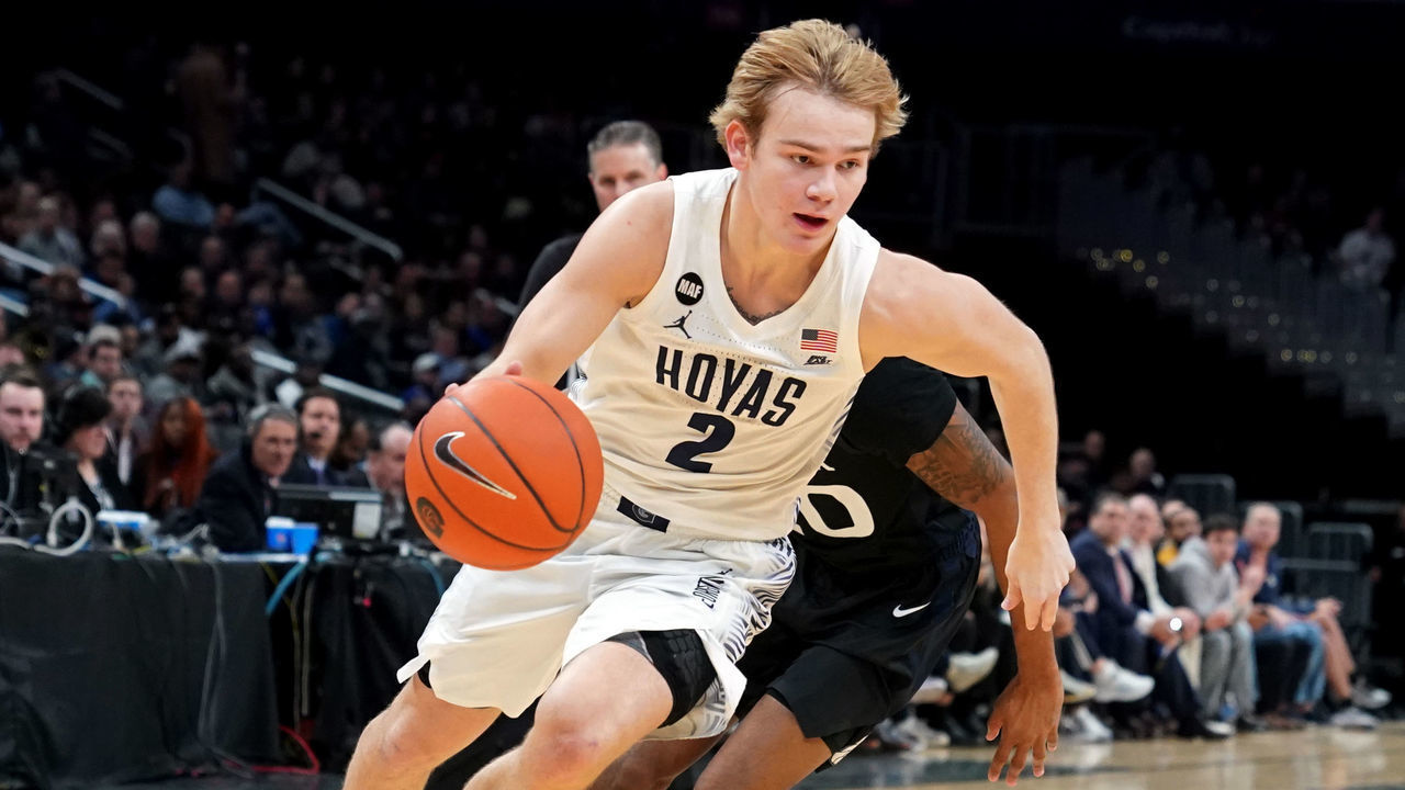 WASHINGTON, DC - JANUARY 28: Mac McClung #2 of the Georgetown Hoyas dribbles the ball during a college basketball game against the Providence Friars at the Capital One Arena on January 28, 2020 in Washington, DC.