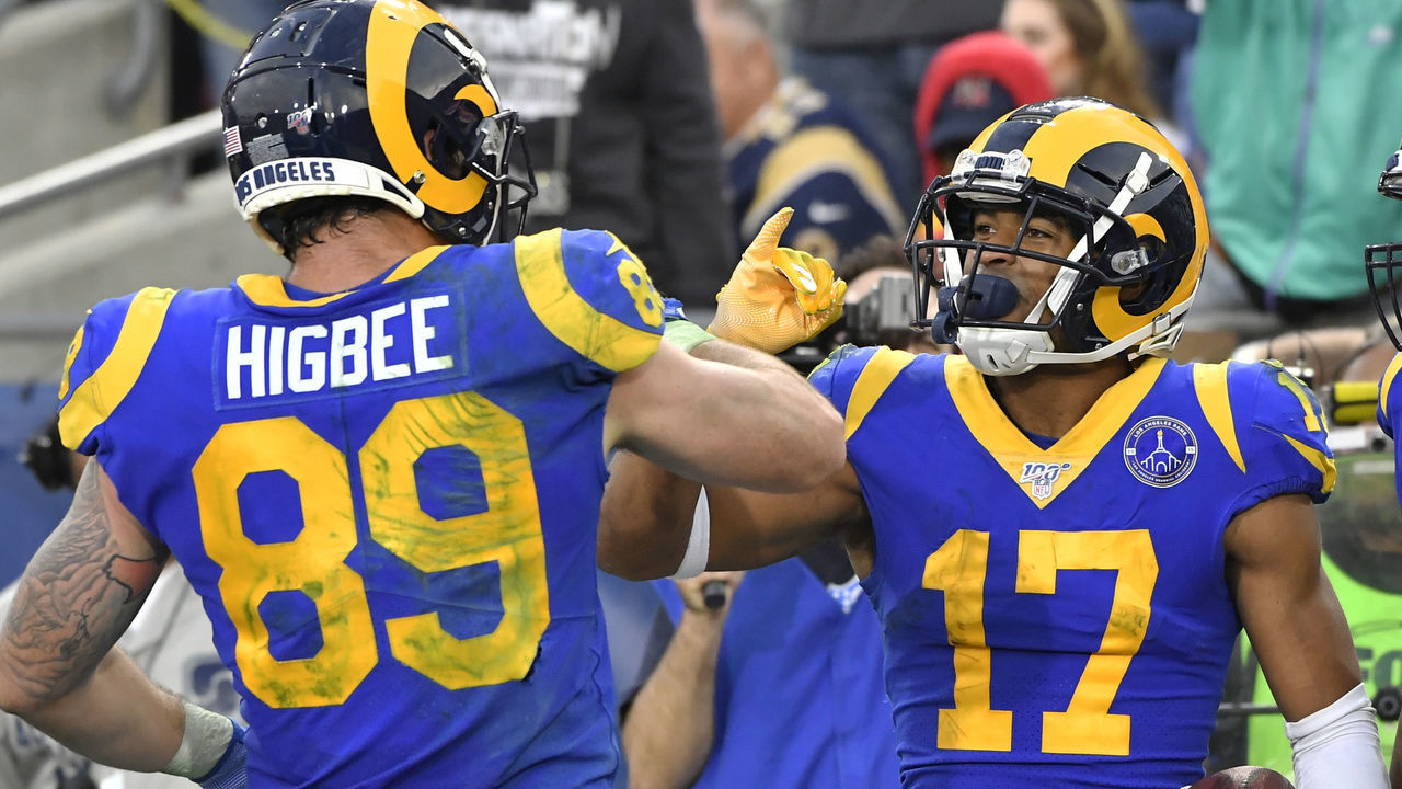 LOS ANGELES, CA - DECEMBER 29: Tyler Higbee #89 and Robert Woods #17 of the Los Angeles Rams celebrate before the TD against the Arizona Cardinals was overturned at Los Angeles Memorial Coliseum on December 29, 2019 in Los Angeles, California.