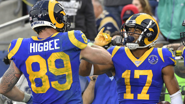 LOS ANGELES, CA - DECEMBER 29: Tyler Higbee #89 and Robert Woods #17 of the Los Angeles Rams celebrate before the TD against the Arizona Cardinals was overturned at Los Angeles Memorial Coliseum on December 29, 2019 in Los Angeles, California.