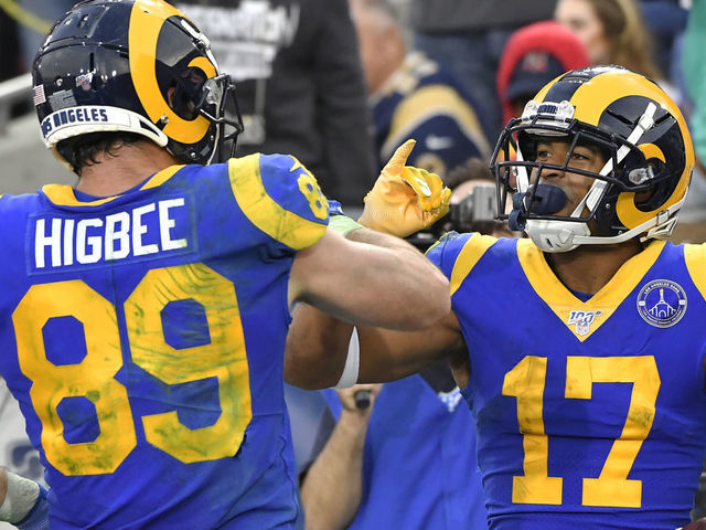 LOS ANGELES, CA - DECEMBER 29: Tyler Higbee #89 and Robert Woods #17 of the Los Angeles Rams celebrate before the TD against the Arizona Cardinals was overturned at Los Angeles Memorial Coliseum on December 29, 2019 in Los Angeles, California.