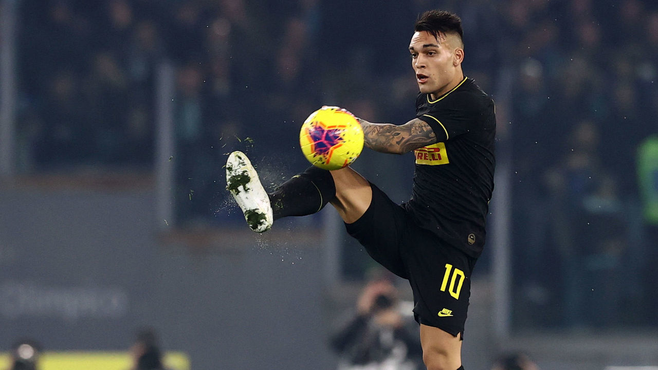 ROME, ITALY - FEBRUARY 16: Lautaro Martínez of Inter Milan controls the high ball during the Lazio versus Inter Milan Serie A football match on February 16, 2020 at Stadio Olympico in Rome, Italy.