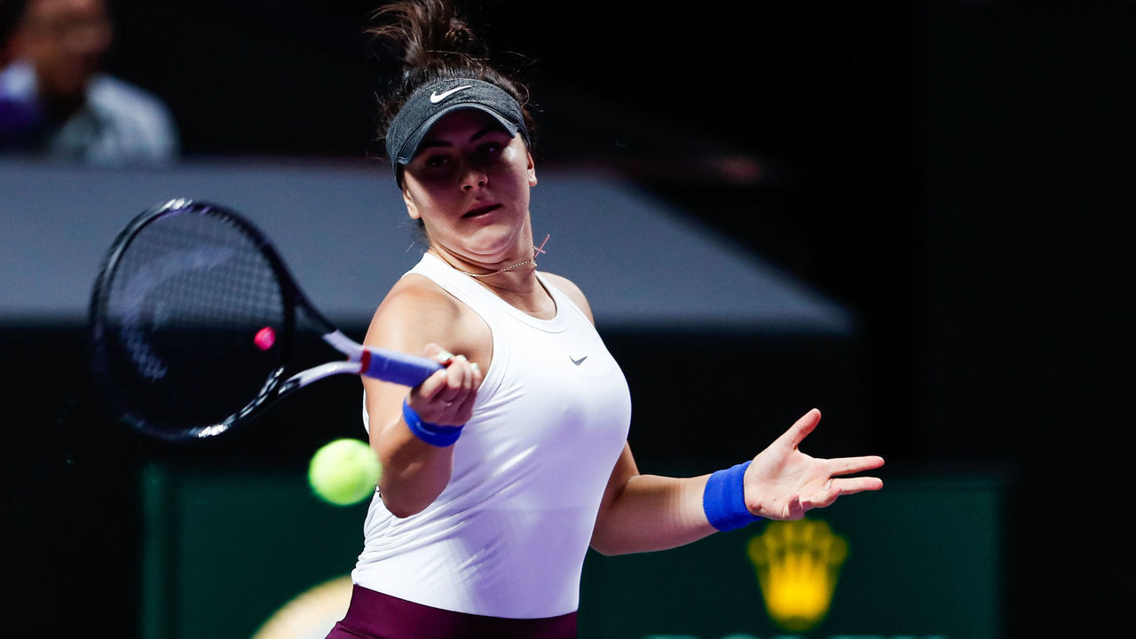 SHENZHEN, CHINA - OCTOBER 30: Bianca Andreescu of Canada competes during the Women's Singles group match against Karolina Pliskova of the Czech Republic on Day four of the 2019 WTA Finals at Shenzhen Bay Sports Center on October 30, 2019 in Shenzhen, Guangdong Province of China.