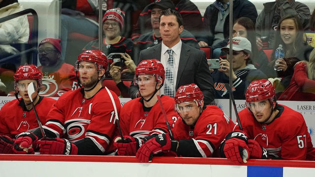 RALEIGH, NC - JANUARY 21: Carolina Hurricanes head coach Rod Brind'Amour watches play from the bench during a game between the Carolina Hurricanes and the Winnipeg Jets on January 21, 2020 at the PNC Arena in Raleigh, NC.