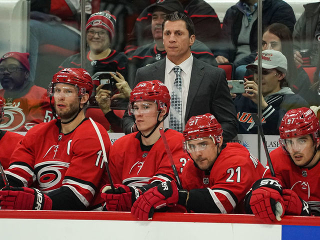 RALEIGH, NC - JANUARY 21: Carolina Hurricanes head coach Rod Brind'Amour watches play from the bench during a game between the Carolina Hurricanes and the Winnipeg Jets on January 21, 2020 at the PNC Arena in Raleigh, NC.