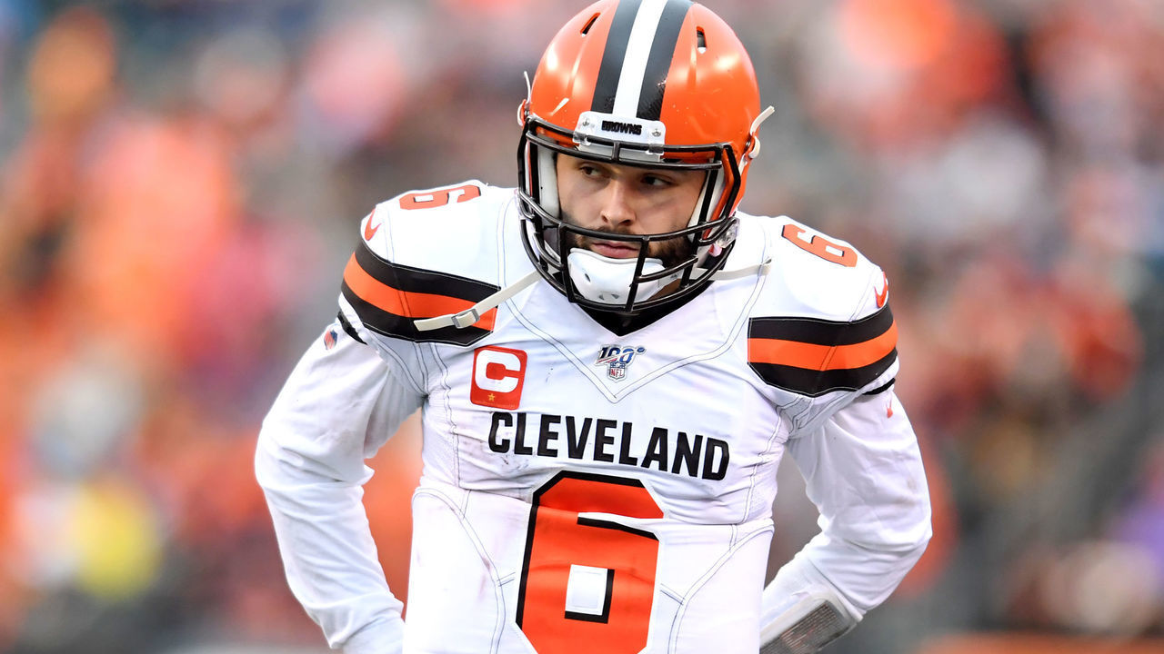 CINCINNATI, OH - DECEMBER 29, 2019: Quarterback Baker Mayfield #6 of the Cleveland Browns watches the action from the sideline in the fourth quarter of a game agains the Cincinnati Bengals on December 29, 2019 at Paul Brown Stadium in Cincinnati, Ohio. Cincinnati won 33-23. (Photo by: 2019 Nick Cammett/Diamond Images via Getty Images)