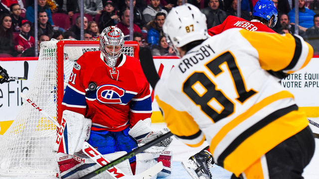 MONTREAL, QC - JANUARY 18: Montreal Canadiens Goalie Carey Price (31) stops a shot from Pittsburgh Penguins Center Sidney Crosby (87) during the Pittsburgh Penguins versus the Montreal Canadiens game on January 18, 2017, at Bell Centre in Montreal, QC