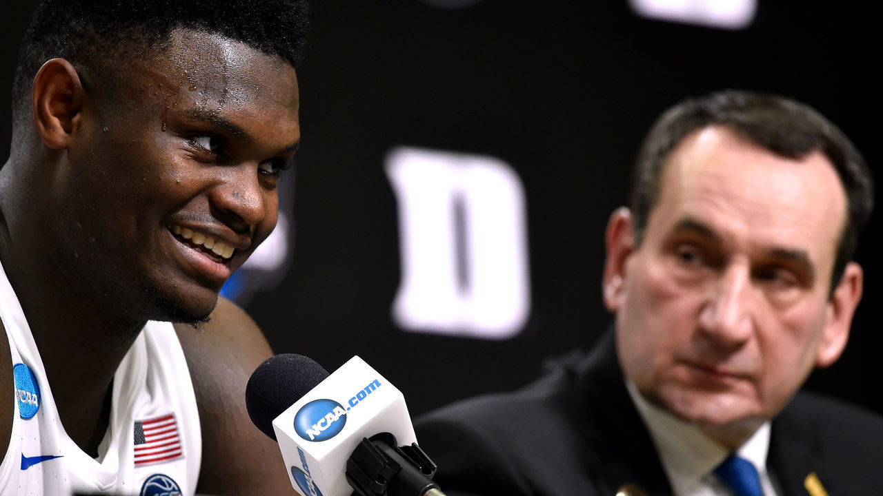 WASHINGTON, DC - MARCH 29: Zion Williamson (L) and head coach Mike Krzyzewski of the Duke Blue Devils address the media following their game against the Virginia Tech Hokies during the 2019 NCAA Men's Basketball Tournament East Regional Semifinals at Capital One Arena on March 29, 2019 in Washington, DC.