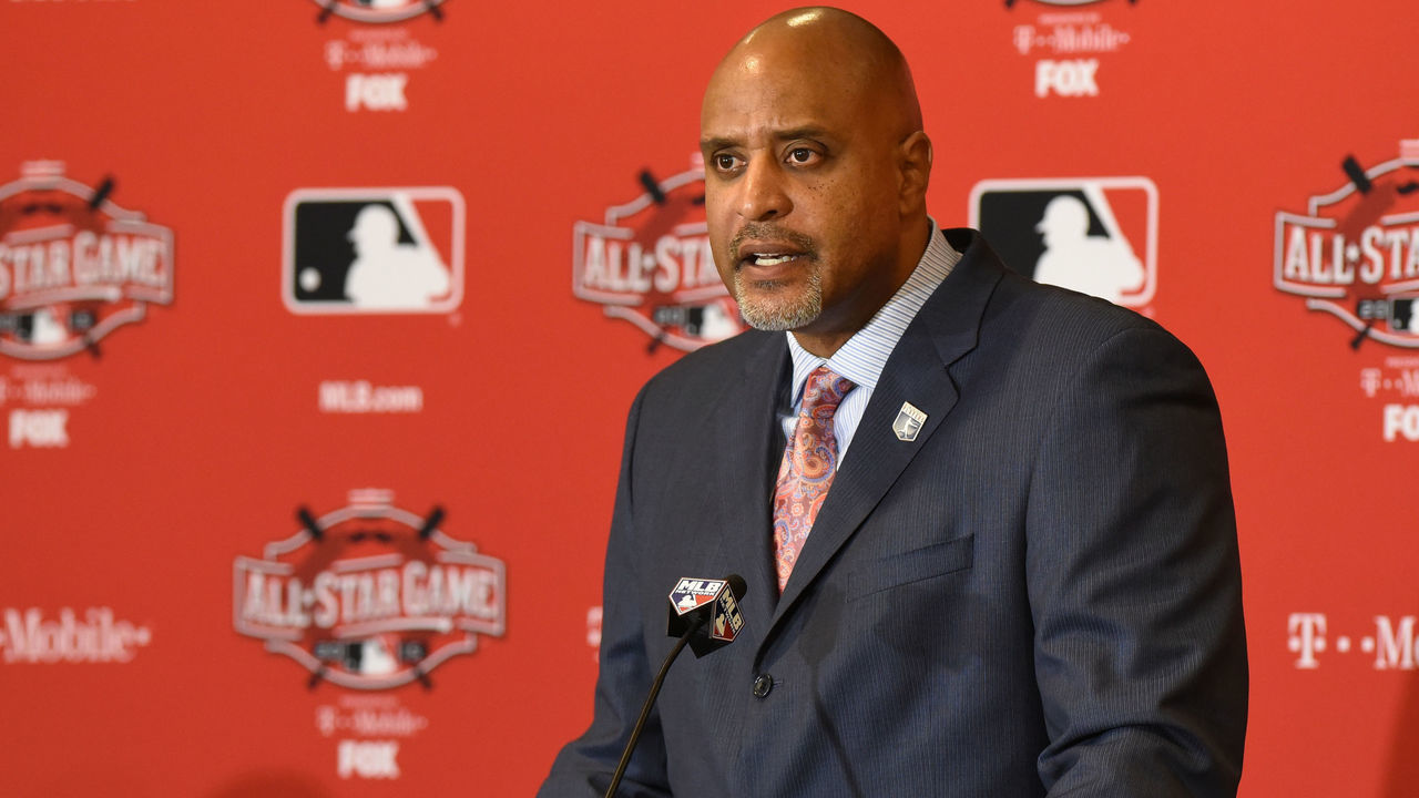 CINCINNATI, OH - JULY 13: Executive Director of the Major League Baseball Players Association Tony Clark talks to reporters during the MLB All Star Media Availability Day at the Westin Cincinnati Hotel on July 13, 2015 in Cincinnati, Ohio.