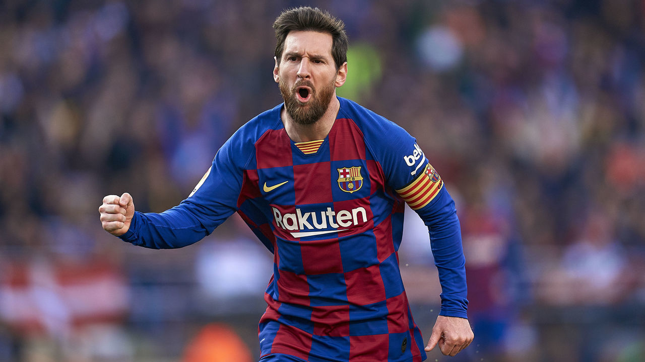 BARCELONA, SPAIN - FEBRUARY 22: Lionel Messi of FC Barcelona celebrates his team's first goal during the Liga match between FC Barcelona and SD Eibar SAD at Camp Nou on February 22, 2020 in Barcelona, Spain.