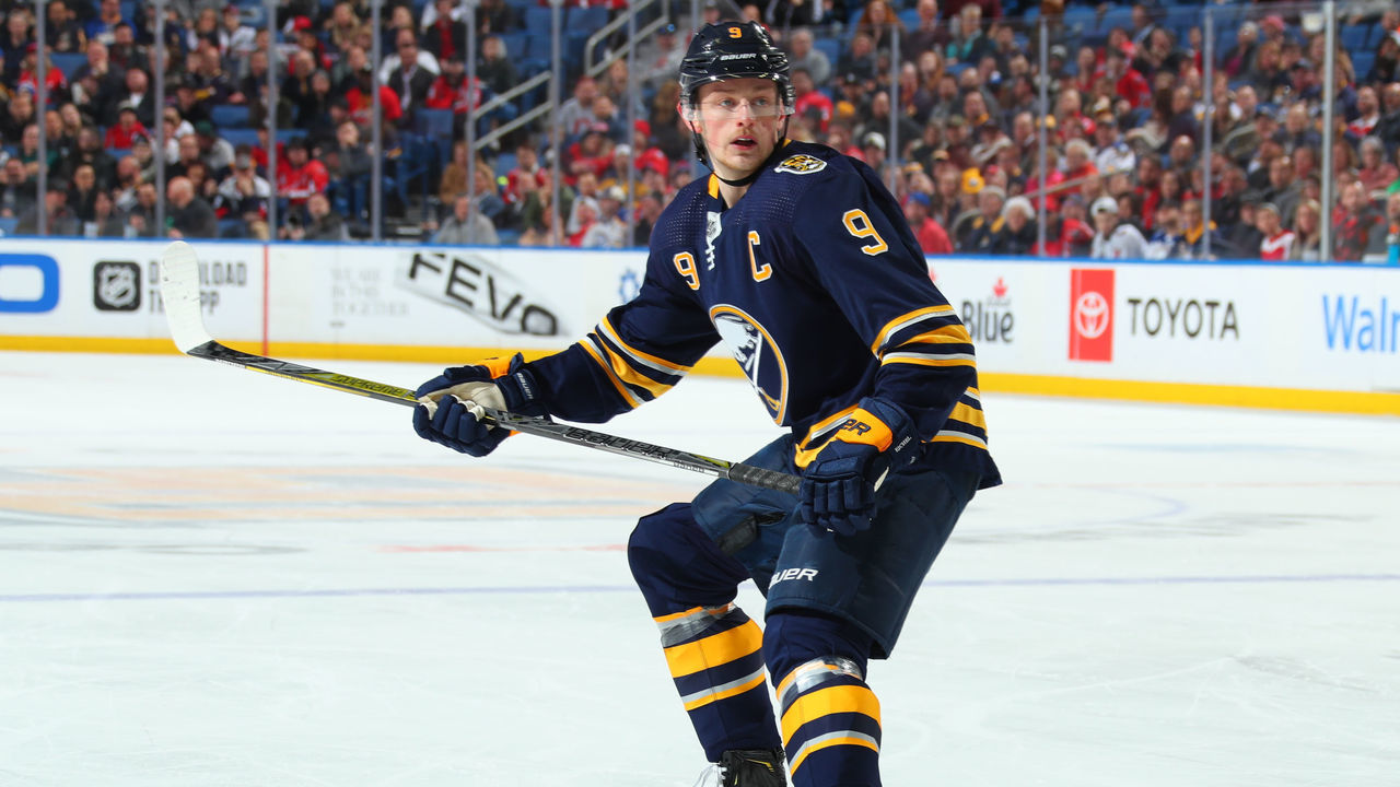 BUFFALO, NY - MARCH 9: Jack Eichel #9 of the Buffalo Sabres skates during an NHL game against the Washington Capitals on March 9, 2020 at KeyBank Center in Buffalo, New York.