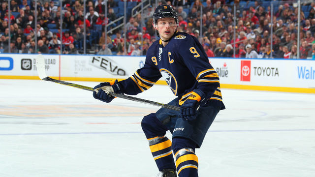 BUFFALO, NY - MARCH 9: Jack Eichel #9 of the Buffalo Sabres skates during an NHL game against the Washington Capitals on March 9, 2020 at KeyBank Center in Buffalo, New York.