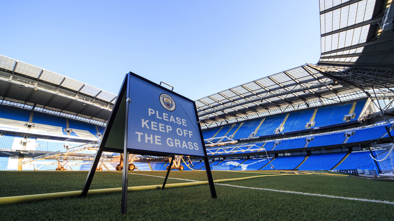 MANCHESTER, ENGLAND - MARCH 20: A general view inside the Etihad Stadium during the coronavirus pandemic on March 20, 2020 in Manchester, England.