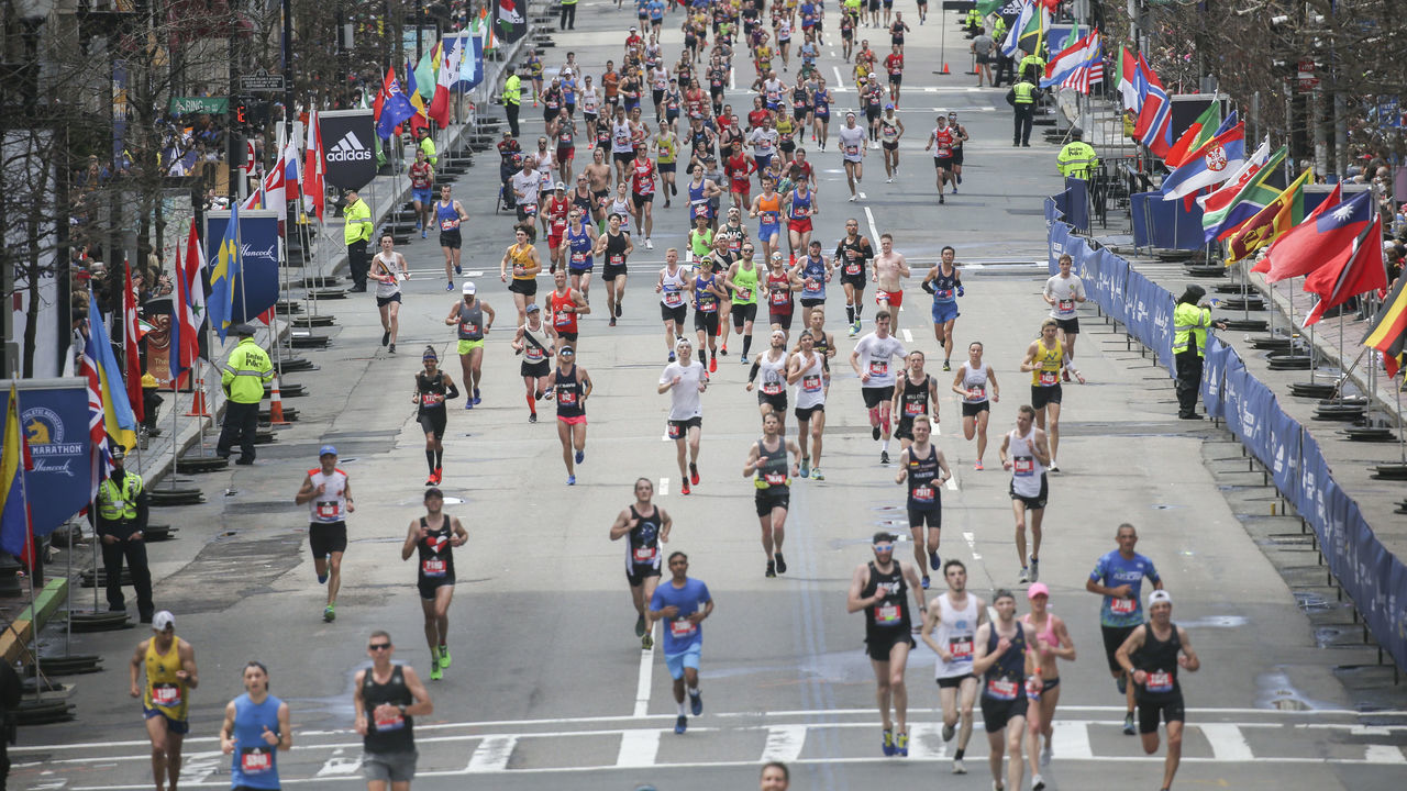 BOSTON, MA- April 15, 2019: Runners make their way towards the finish line of the 123rd Boston Marathon on Monday, April 15, 2019 in Boston, Massachusetts. (Staff photo By Nicolaus Czarnecki/MediaNews Group/Boston Herald via GettyImages)