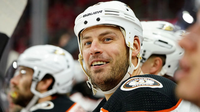 RALEIGH, NC - JANUARY 17: Ryan Getzlaf #15 of the Anaheim Ducks watches action on the ice during an NHL game against the Carolina Hurricanes on January 17, 2020 at PNC Arena in Raleigh, North Carolina.