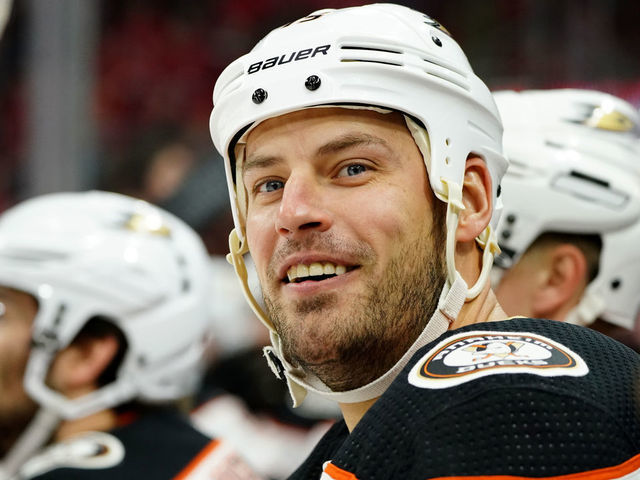 RALEIGH, NC - JANUARY 17: Ryan Getzlaf #15 of the Anaheim Ducks watches action on the ice during an NHL game against the Carolina Hurricanes on January 17, 2020 at PNC Arena in Raleigh, North Carolina.
