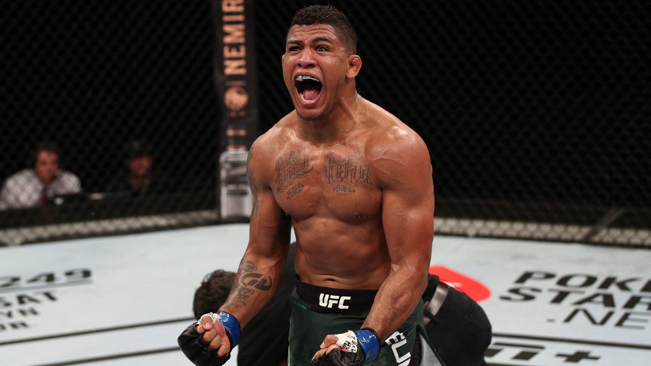 BRASILIA, BRAZIL - MARCH 14: Gilbert Burns of Brazil celebrates after his TKO victory over Demian Maia of Brazil in their welterweight fight during the UFC Fight Night event on March 14, 2020 in Brasilia, Brazil.