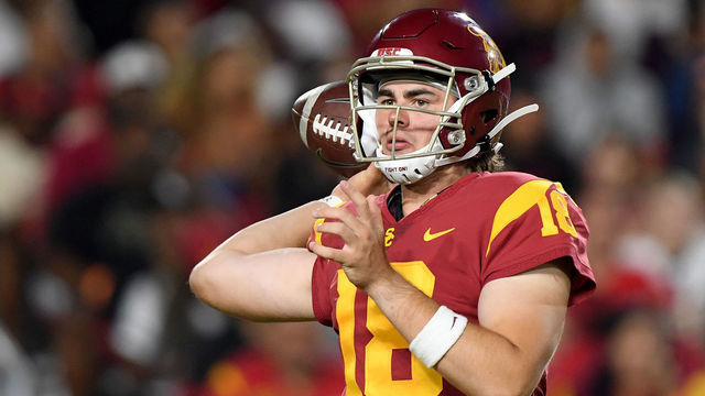 LOS ANGELES, CALIFORNIA - AUGUST 31: JT Daniels #18 of the USC Trojans passes during the game against the Fresno State Bulldogs at Los Angeles Memorial Coliseum on August 31, 2019 in Los Angeles, California.