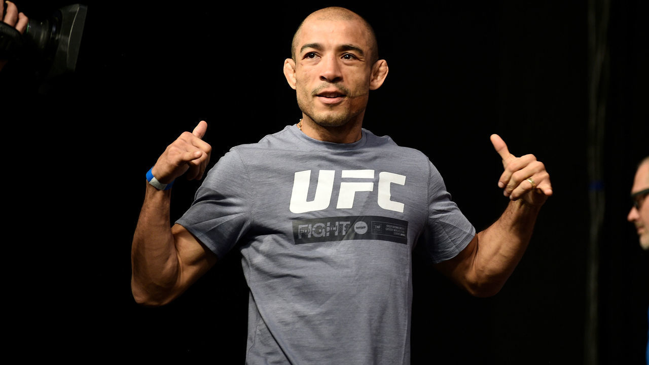 LAS VEGAS, NEVADA - DECEMBER 13: Jose Aldo of Brazil walks on stage during the UFC 245 Weigh-Ins at T-Mobile Arena on December 13, 2019 in Las Vegas, Nevada.