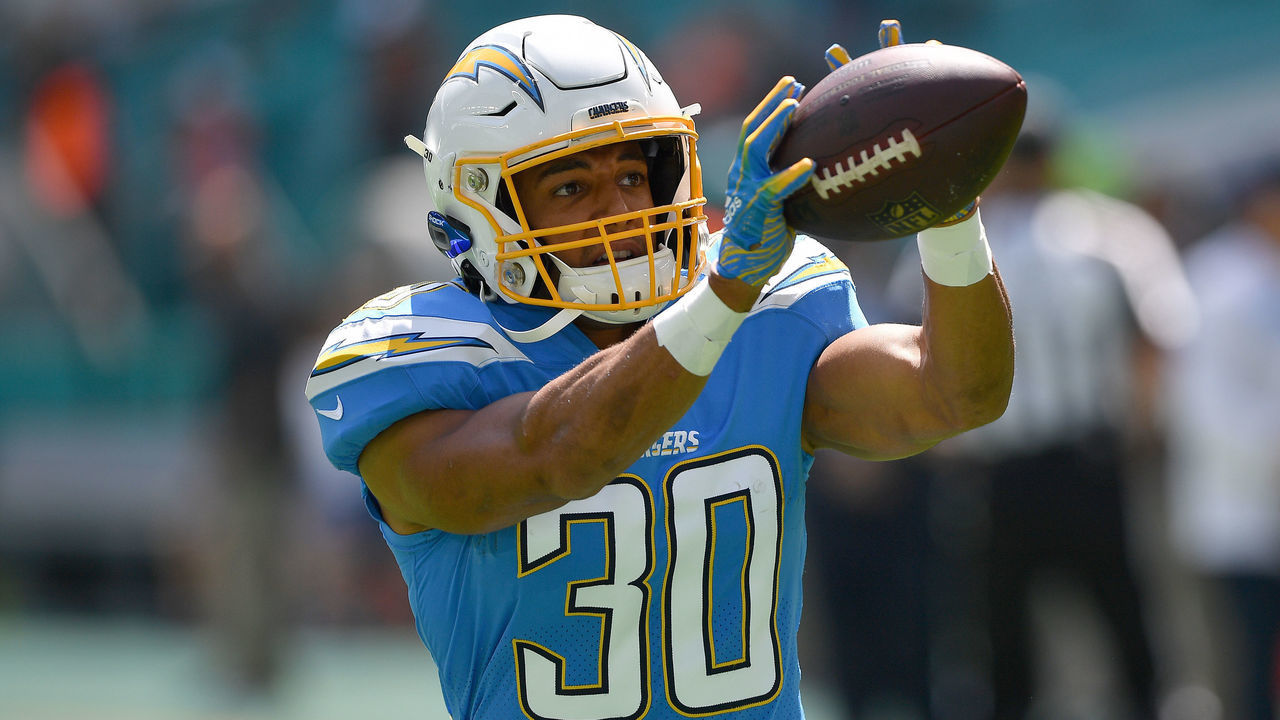 MIAMI, FLORIDA - SEPTEMBER 29: Austin Ekeler #30 of the Los Angeles Chargers warms up prior to the game between the Miami Dolphins and the Los Angeles Chargers at Hard Rock Stadium on September 29, 2019 in Miami, Florida.