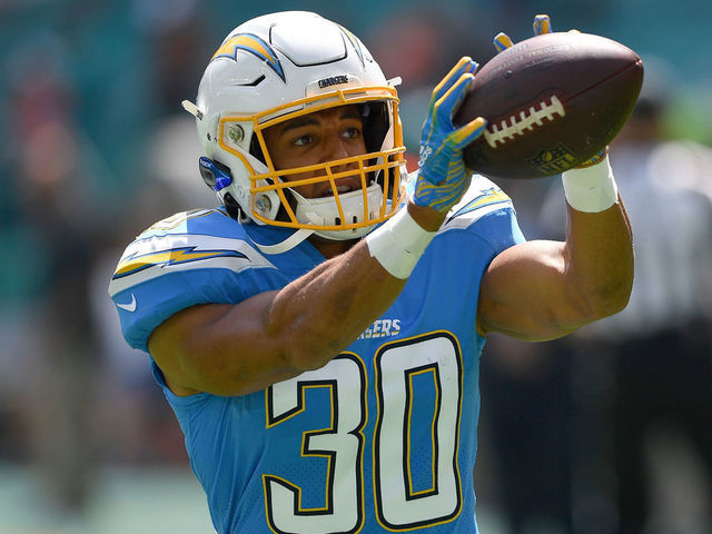 MIAMI, FLORIDA - SEPTEMBER 29: Austin Ekeler #30 of the Los Angeles Chargers warms up prior to the game between the Miami Dolphins and the Los Angeles Chargers at Hard Rock Stadium on September 29, 2019 in Miami, Florida.