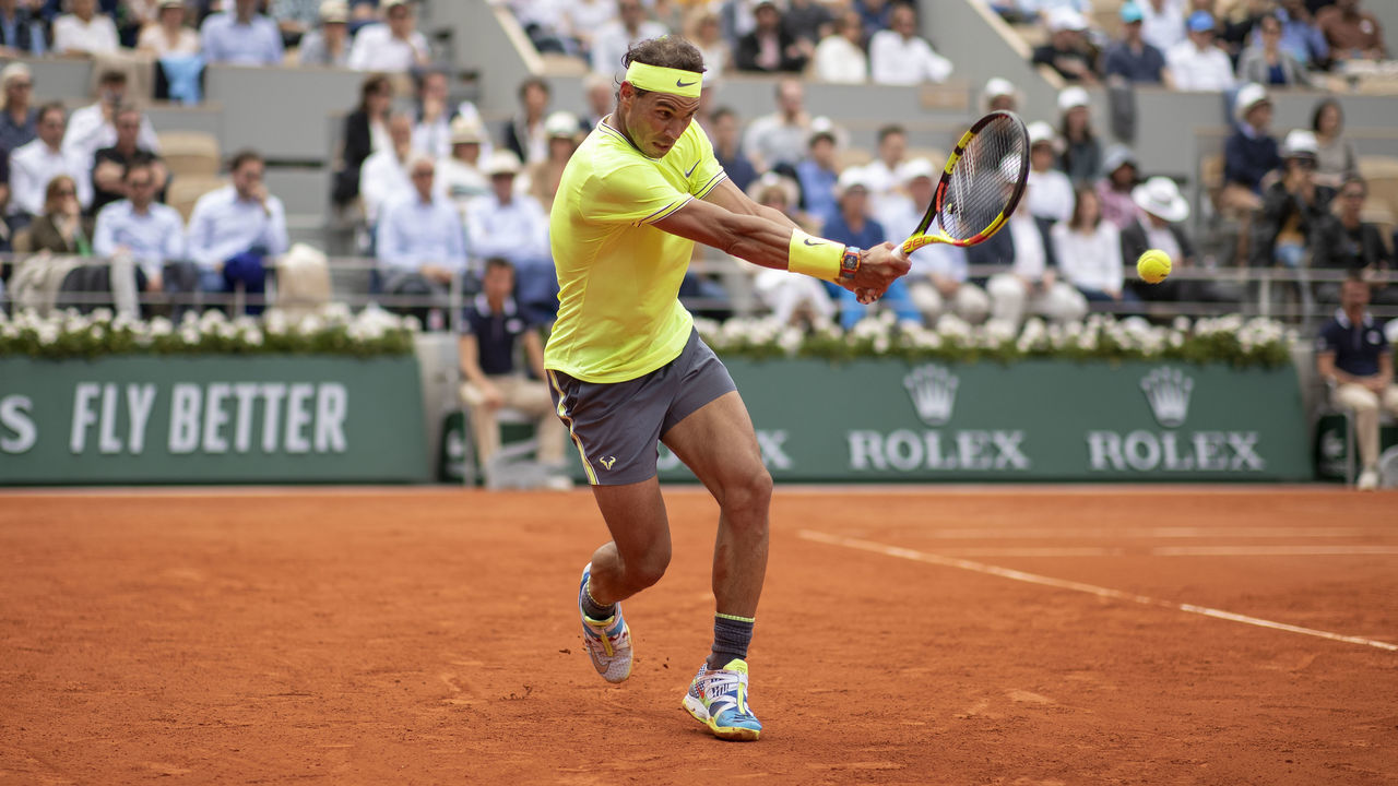 PARIS, FRANCE June 09. Rafael Nadal of Spain in action against Dominic Thiem of Austria during the Men's Singles Final on Court Philippe-Chatrier at the 2019 French Open Tennis Tournament at Roland Garros on June 9th 2019 in Paris, France.