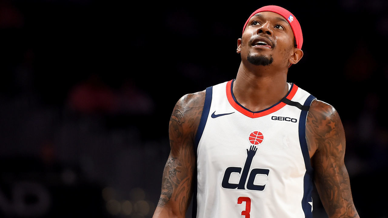 WASHINGTON, DC - FEBRUARY 26: Bradley Beal #3 of the Washington Wizards looks on after a play against the Brooklyn Nets during the first half at Capital One Arena on February 26, 2020 in Washington, DC.