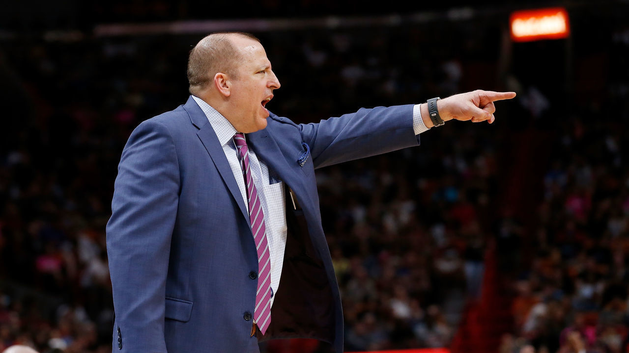MIAMI, FL - DECEMBER 30: Head coach Tom Thibodeau of the Minnesota Timberwolves looks on against the Miami Heat at American Airlines Arena on December 30, 2018 in Miami, Florida.