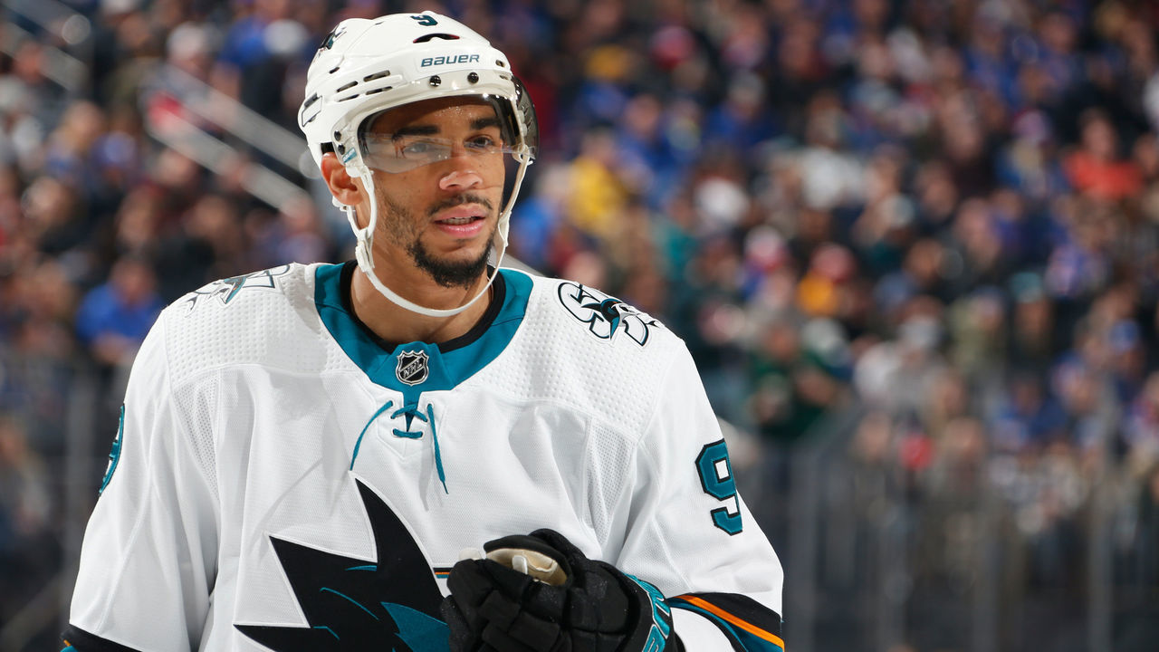 NEW YORK, NY - FEBRUARY 22: Evander Kane #9 of the San Jose Sharks skates against the New York Rangers at Madison Square Garden on February 22, 2020 in New York City.