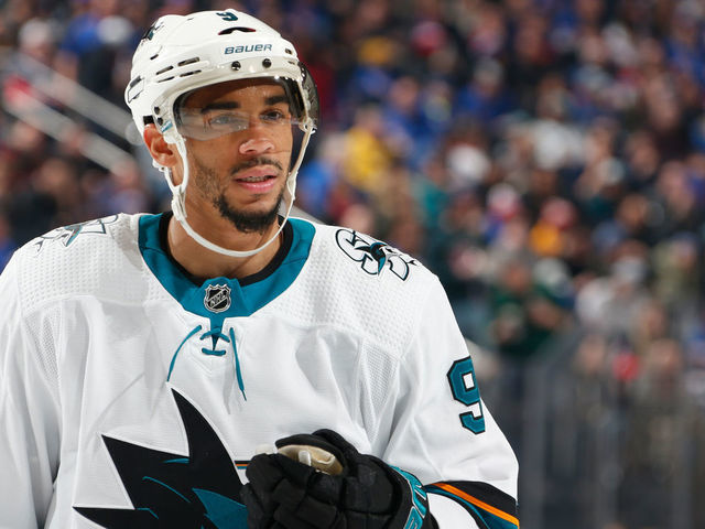 NEW YORK, NY - FEBRUARY 22: Evander Kane #9 of the San Jose Sharks skates against the New York Rangers at Madison Square Garden on February 22, 2020 in New York City.