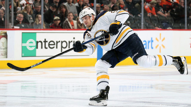 PHILADELPHIA, PA - MARCH 07: Rasmus Ristolainen #55 of the Buffalo Sabres takes a slapshot against the Philadelphia Flyers on March 7, 2020 at the Wells Fargo Center in Philadelphia, Pennsylvania.