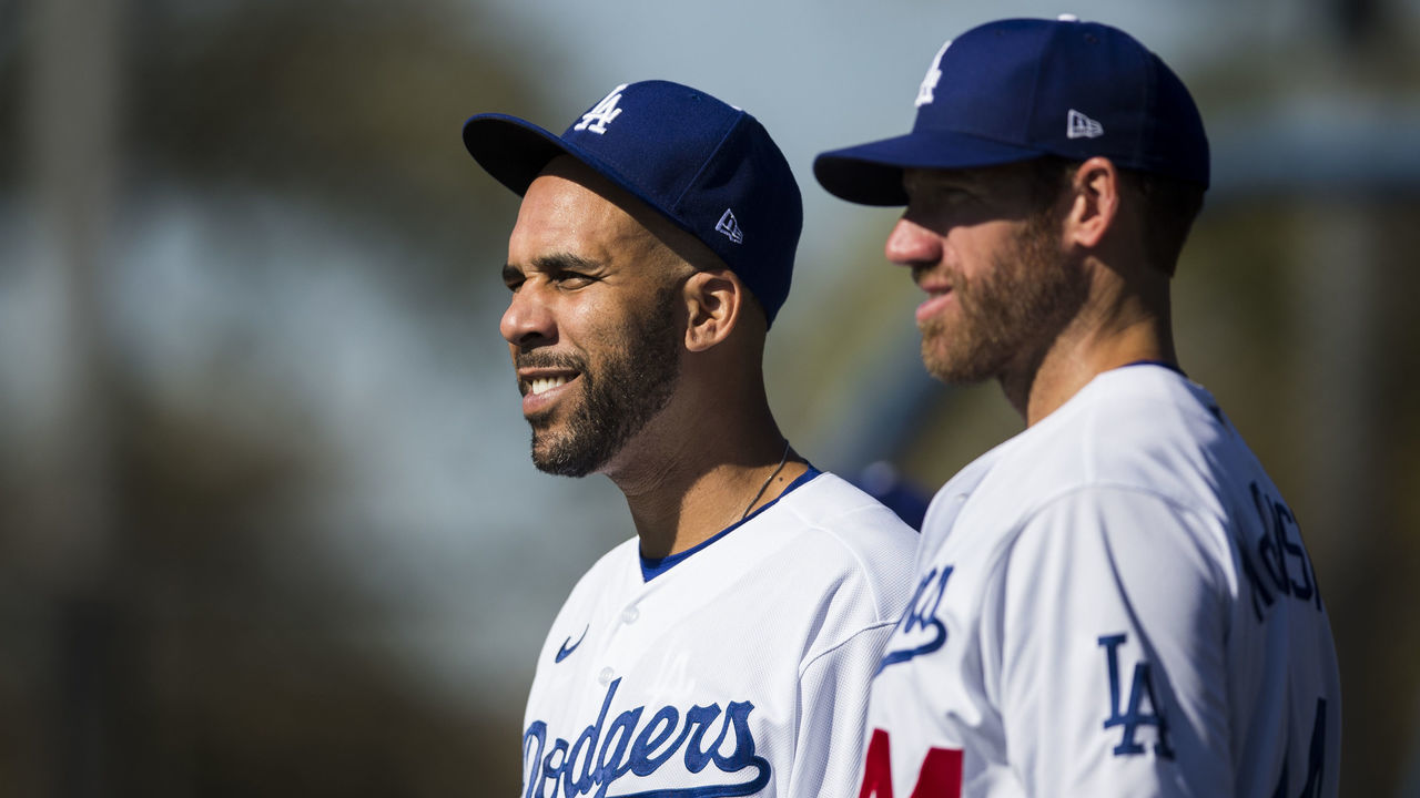 GLENDALE, AZ - FEBRUARY 20: David Price #33 and Zach McAllister #44 of the Los Angeles Dodgers look on during a workout after Photo Day on Thursday, February 20, 2020 at Camelback Ranch in Glendale, Arizona.