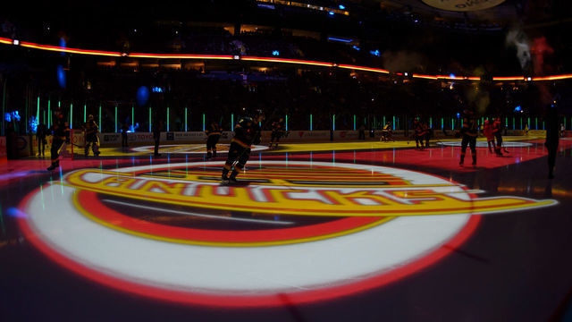 VANCOUVER, BC - NOVEMBER 16: The Vancouver Canucks logo lights up the ice prior to their NHL game against the Colorado Avalanche at Rogers Arena on November 16, 2019 in Vancouver, British Columbia, Canada.