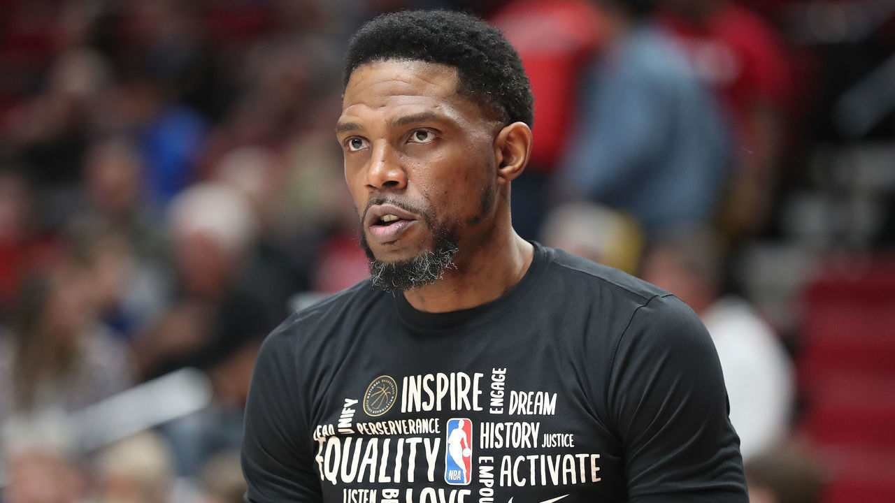 PORTLAND, OREGON - FEBRUARY 09: Udonis Haslem #40 of the Miami Heat looks on prior to taking on the Portland Trail Blazers during their game at Moda Center on February 09, 2020 in Portland, Oregon.